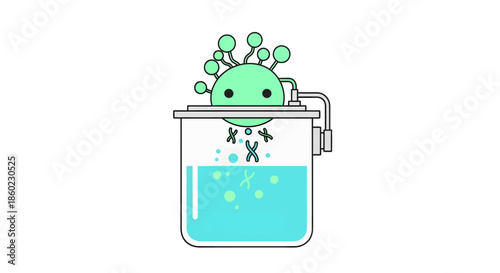 Cute cartoon microbe in a beaker with bubbles and DNA strands, illustrating a fun and simple representation of scientific discovery