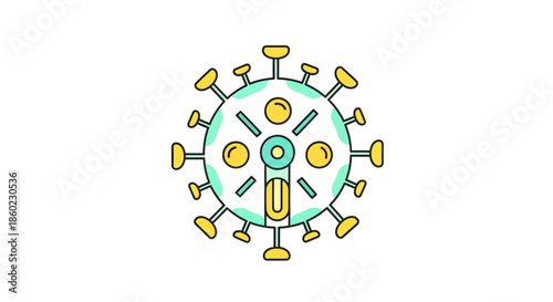 Stylized, geometric representation of a virus with spiky protrusions, symbolizing disease and scientific study in a clean, modern style