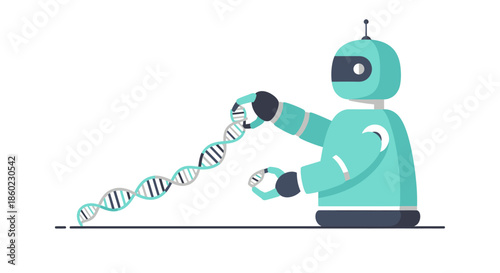 Friendly robot assembling a DNA helix, symbolizing artificial intelligence in genetic engineering and future bio-tech advancements