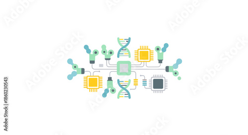 Abstract concept of biotechnology, DNA, and microchips interconnected in a network, representing scientific innovation and research