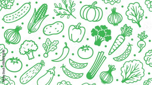 A vibrant pattern of fresh vegetables and produce in green tones