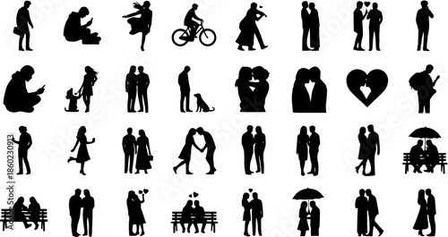 Love and Relationships Lifestyle Silhouettes Vector Icons Collection: Black and White People and Couples Glyphs Depicting Daily Life, Romantic Moments, and Human Interactions.