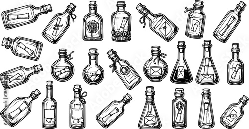 Vintage Communication  Mystery Art: Black and White Engraving Style Vector Set of Message in a Bottle, Flasks, and Vials with Scrolls and Envelopes  Hand Drawn Old Mail  Science Concept Art.