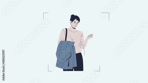 Young woman checking her smartwatch while carrying a backpack on a light blue background