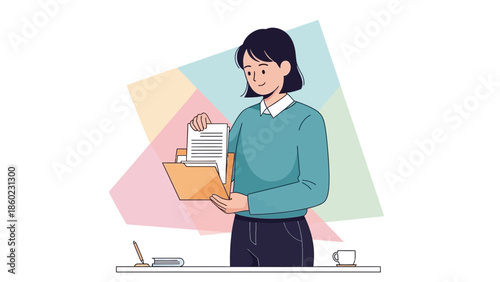 Young woman organizing documents in a folder with a laptop and coffee on desk