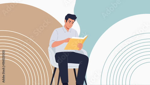 Young man reading a book in a modern and stylish living room with abstract decor elements