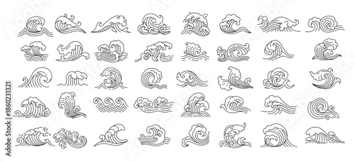  japanese and chinese asian sea wave line icons