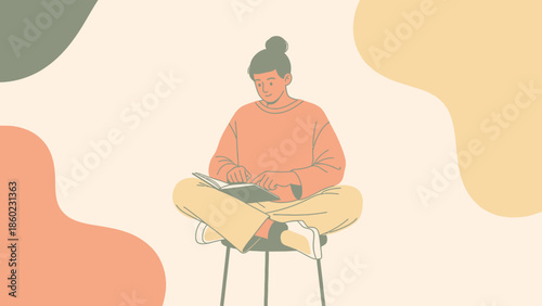 Young woman sitting cross-legged on chair reading a book with colorful abstract background