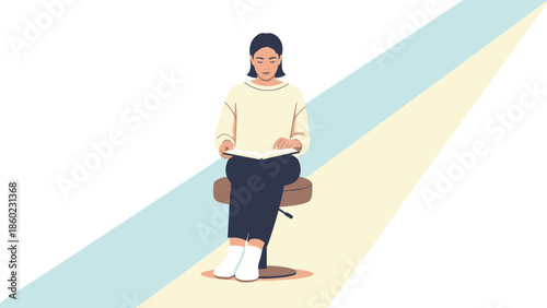 Young woman sitting on a chair reading a book in a minimalistic modern setting with soft lighting