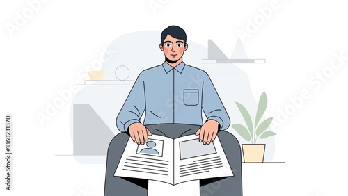 Young man reading a book at home in a modern minimalistic living room setting