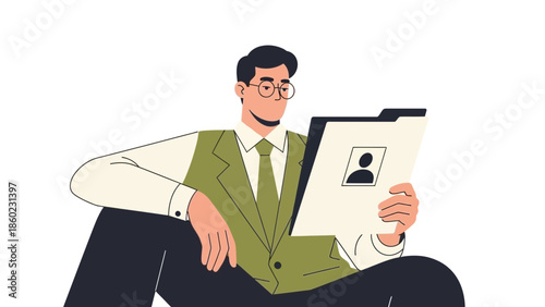 Professional businessman reading a resume in a modern office setting representation