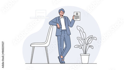 Professional man holding a document while standing near a chair and potted plant in an office
