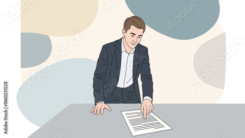 Professional businessman signing documents in an office environment with modern abstract background