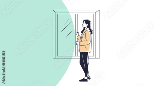 Young woman standing by a window looking at her smartphone in a minimalistic illustration