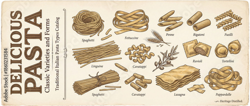Explore the beauty of traditional pasta varieties and forms in an elegant vintage catalog