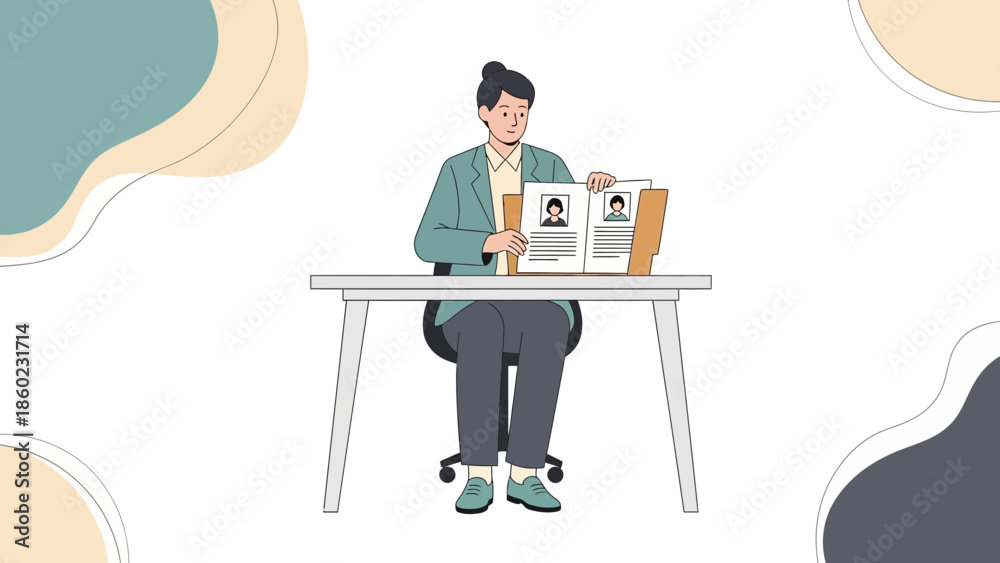 Fototapeta premium Professional woman reviewing her resume and identification documents at desk in office setting
