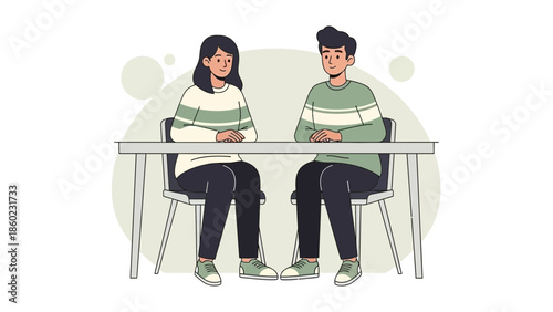 Illustration of a man and woman engaging in a conversation at a modern table in a casual setting