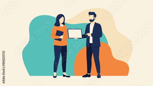 business professionals exchanging information with a laptop during a meeting or presentation in a