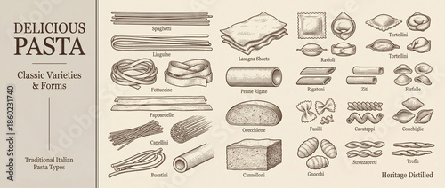 A stunning collection of traditional Italian pasta shapes showcasing diversity and craftsmanship in culinary art