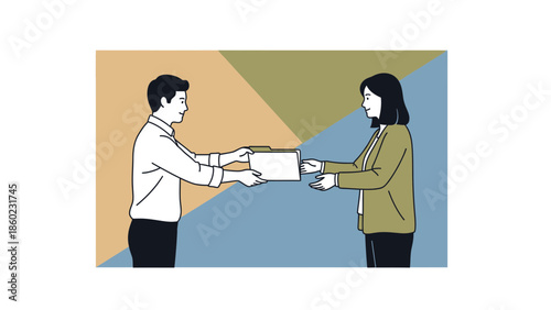 People exchanging a document during formal interaction in an office setting