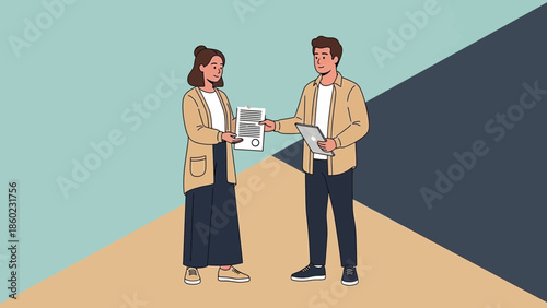 Professional Business Exchange Between Colleagues in an Office Setting