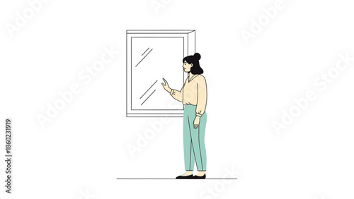 Young woman using smartphone while standing near a window indoors in a minimalistic setting