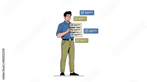 Young man with digital lists and checkmarks demonstrating task management and productivity tips