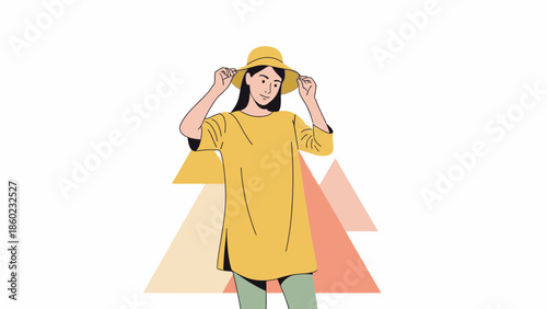 Stylish young woman in yellow dress and hat posing with a confident look