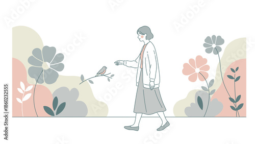 Minimalist illustration of a woman walking in a nature setting with flowers and a bird