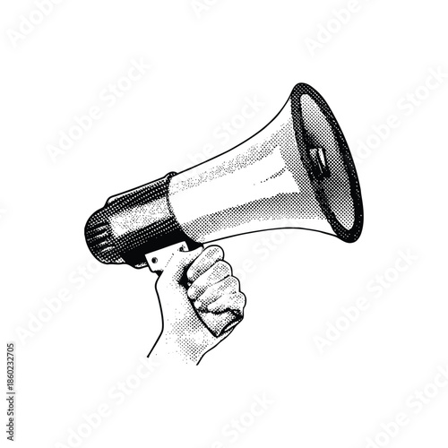 Black and white vintage hand drawn illustration of a hand holding a megaphone halftone dots detailed vector art
