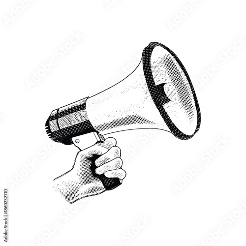 Black and white vintage hand drawn illustration of a hand holding a megaphone halftone dots detailed vector art