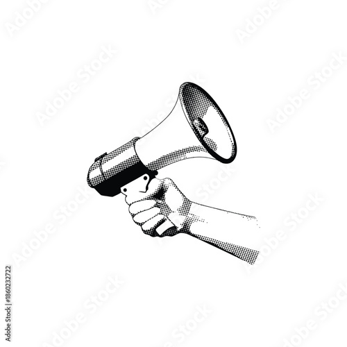 Black and white vintage hand drawn illustration of a hand holding a megaphone halftone dots detailed vector art
