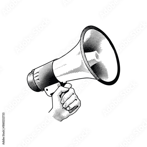 Black and white vintage hand drawn illustration of a hand holding a megaphone halftone dots detailed vector art