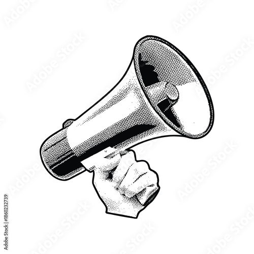 Black and white vintage hand drawn illustration of a hand holding a megaphone halftone dots detailed vector art