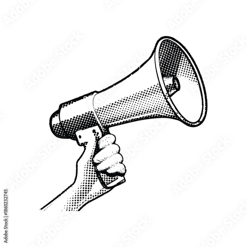 Black and white vintage hand drawn illustration of a hand holding a megaphone halftone dots detailed vector art