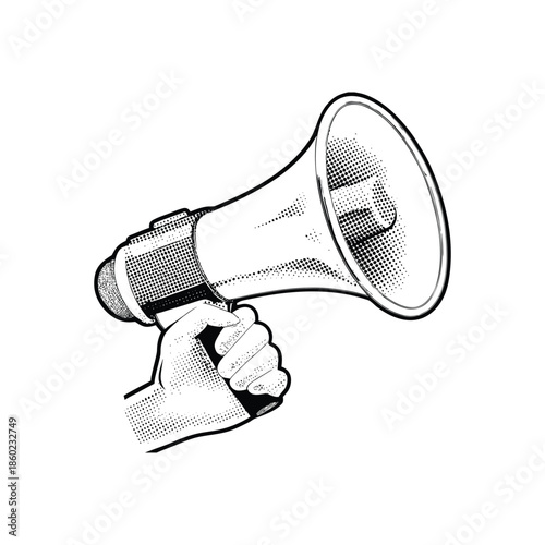 Black and white vintage hand drawn illustration of a hand holding a megaphone halftone dots detailed vector art