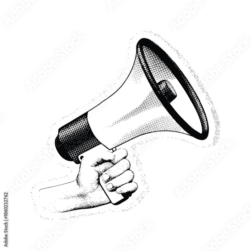 Black and white vintage hand drawn illustration of a hand holding a megaphone halftone dots detailed vector art