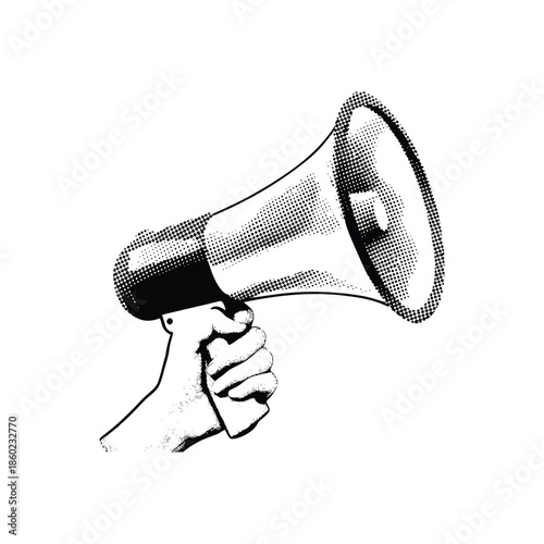 Black and white vintage hand drawn illustration of a hand holding a megaphone halftone dots detailed vector art