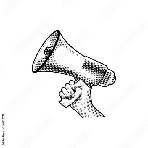 Black and white vintage hand drawn illustration of a hand holding a megaphone halftone dots detailed vector art