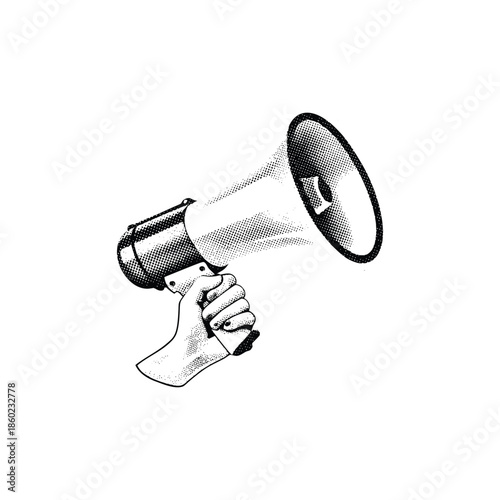 Black and white vintage hand drawn illustration of a hand holding a megaphone halftone dots detailed vector art