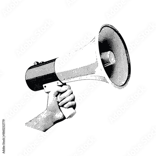 Black and white vintage hand drawn illustration of a hand holding a megaphone halftone dots detailed vector art