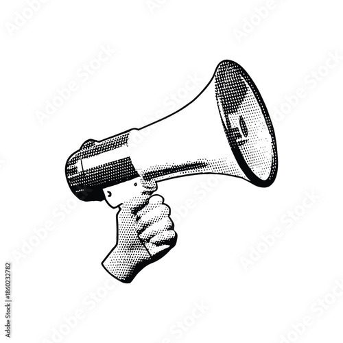 Black and white vintage hand drawn illustration of a hand holding a megaphone halftone dots detailed vector art