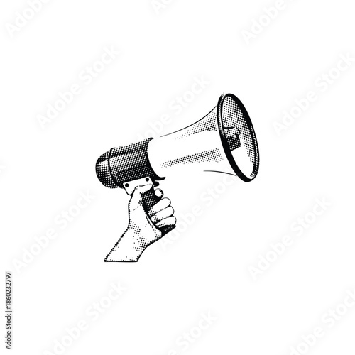Black and white vintage hand drawn illustration of a hand holding a megaphone halftone dots detailed vector art