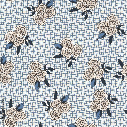 Vintage Folk Bouquets Blue Grid