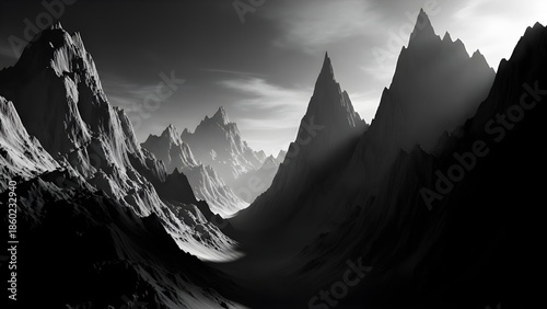 Dramatic black and white mountain landscape with contrasting light, mysterious and majestic.