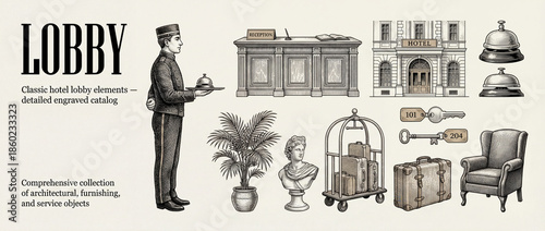Engraved collection of classic hotel lobby elements showcasing elegance and service in a detailed artistic design