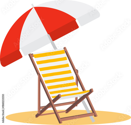 Beach vacation concept, vacation, seaside holiday, sun lounger with beach umbrella isolated on white background. Vector designer illustration, web banner, vector image.