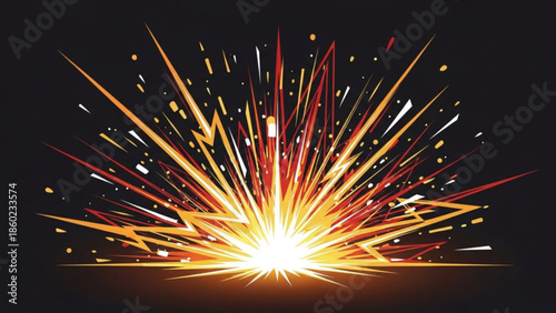 Vibrant explosion of colorful sparks on dark background, dynamic energy burst, abstract light effect with radiant beams