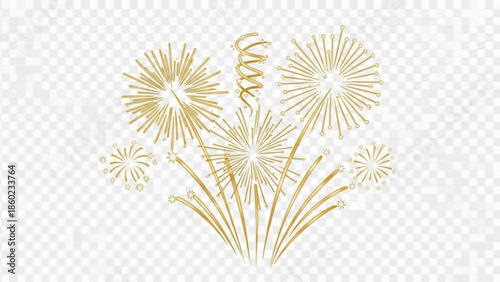Golden fireworks exploding on transparent background, festive sparkling lights, celebration decoration elements