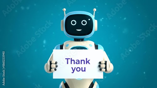 A cute blue robot holds a 'thank you' sign on a background.